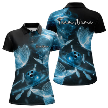 Maxcorners Custom Ethereal Blue Butterflies Bowling Team Women Polo Shirts, Ladies Bowling Outfit LM1112