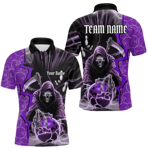 Maxcorners Custom Purple Thunder Lightning Grim Reaper Bowling Men Polo Shirt, Halloween Bowler Outfit LM1809
