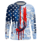 Maxcorners Blue Camo Dripping American Flag Us Fish Hook Custom Long Sleeve Patriotic Fishing Shirts MT2108