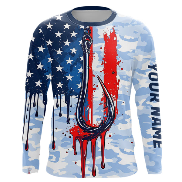 Maxcorners Blue Camo Dripping American Flag Us Fish Hook Custom Long Sleeve Patriotic Fishing Shirts MT2108