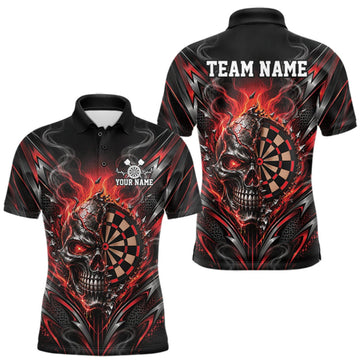 Maxcorners Custom Black And Red Flame Smoke Skull Dart Men Polo Shirt, Halloween Dart Outfit LM1910