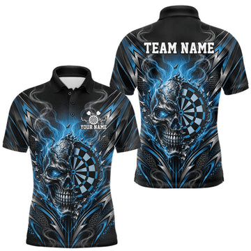 Maxcorners Custom Black And Blue Flame Smoke Skull Dart Men Polo Shirt, Halloween Dart Outfit LM1910