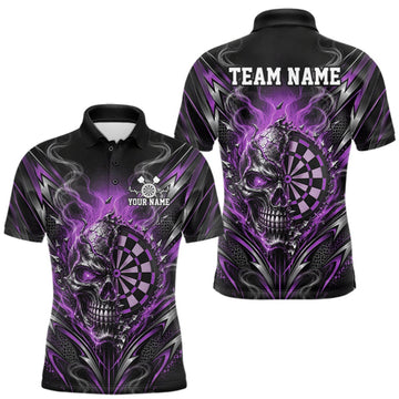 Maxcorners Custom Black And Purple Flame Smoke Skull Dart Men Polo Shirt, Halloween Dart Outfit LM1910