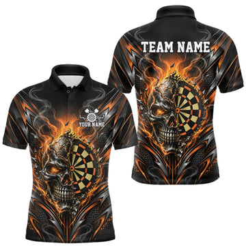 Maxcorners Custom Black And Orange Flame Smoke Skull Dart Men Polo Shirt, Halloween Dart Outfit LM1910