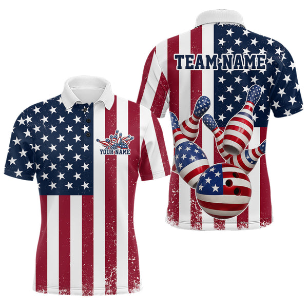 Maxcorners Custom US Flag Bowling Polo Shirts For Men, Patriotic Bowling League Shirt Bowling Jersey LM3010
