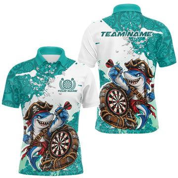 Maxcorners Custom Teal Blue Splatter Funny Shark Pirate Dart Team Men Polo Shirt, Dart Jersey LM1910