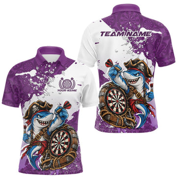 Maxcorners Custom Purple Splatter Funny Shark Pirate Dart Team Men Polo Shirt, Dart Jersey LM1910