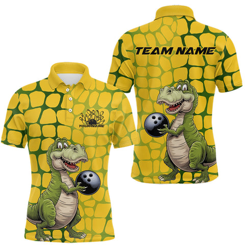 Maxcorners Custom Funny Yellow Dinosaur Bowling Team Men Polo Shirt, Bowling Tournament Team Shirt LM2509