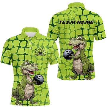 Maxcorners Custom Funny Green Dinosaur Bowling Team Men Polo Shirt, Bowling Tournament Team Shirt LM1903