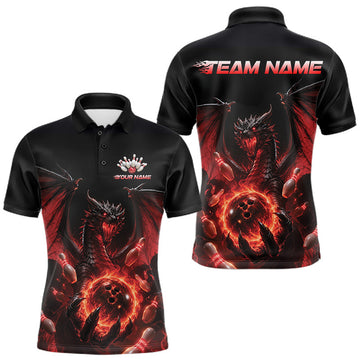 Maxcorners Custom Red Dragon Flame Bowling Team Men Polo Shirt, Bowling League Shirt LM2607