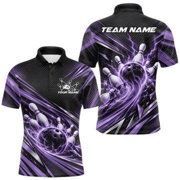 Maxcorners Custom Purple Lightning Bowling Team Men Polo Shirt, Bowling League Bowler Outfit LM2709