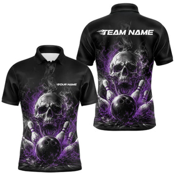 Maxcorners Custom Black And Purple Smoke Flame Skull Bowling Men Polo Shirt, Halloween Outfit LM0409