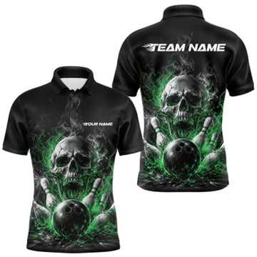 Maxcorners Custom Black And Green Smoke Flame Skull Bowling Men Polo Shirt, Halloween Outfit LM0409