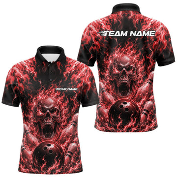Maxcorners Custom Black And Red Fire Flame Skull Bowling Jersey, Halloween Bowling Men Polo Shirt LM0409