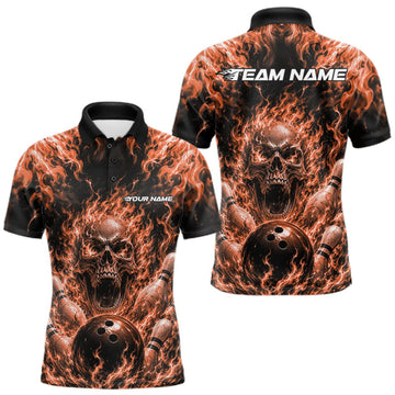 Maxcorners Custom Black And Orange Fire Flame Skull Bowling Jersey, Halloween Bowling Men Polo Shirt LM0409