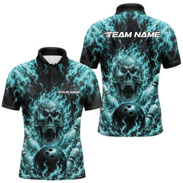 Maxcorners Custom Turquoise Blue Fire Flame Skull Bowling Jersey, Halloween Bowling Men Polo Shirt LM0409