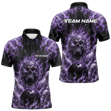 Maxcorners Custom Black And Purple Fire Flame Skull Bowling Jersey, Halloween Bowling Men Polo Shirt LM0409