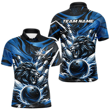 Maxcorners Custom Deep Blue Flame Bowling Ball Lion Bowling Jerseys, Lion Men Polo Bowling Shirt
