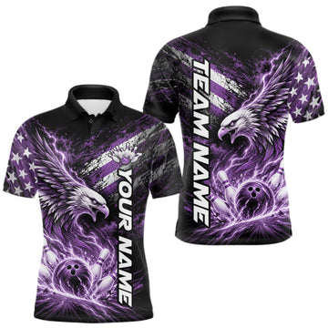 Maxcorners Custom Patriotic Purple American Eagle Bowling Jerseys, US Flag Bowling Men Polo Shirt LM0410