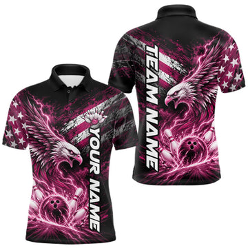 Maxcorners Custom Patriotic Pink American Eagle Bowling Jerseys, US Flag Bowling Men Polo Shirt LM0410