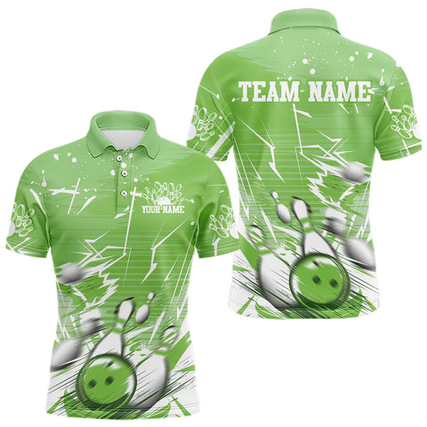 Maxcorners Custom White And Green Bowling Team Men Polo Shirts, Bowling Ball And Pins Jerseys LM0803