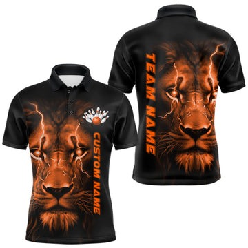 Maxcorners Custom Orange Thunder Lightning Lion Bowling Shirt For Men, Lion Bowling Team Jerseys LM0602