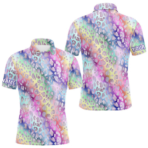 Maxcorners Colorful Neon Rainbow leopard pattern Mens Golf Polo Shirts Custom men's golf outfits, cool golf gift MT1007