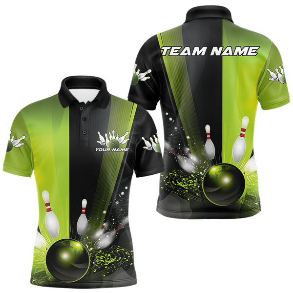 Maxcorners Custom Black And Green Bowling Jerseys, Glowing Motion Graphic Bowling Men Polo Shirt MT1007