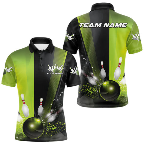 Maxcorners Custom Black And Green Bowling Jerseys, Glowing Motion Graphic Bowling Men Polo Shirt MT1007