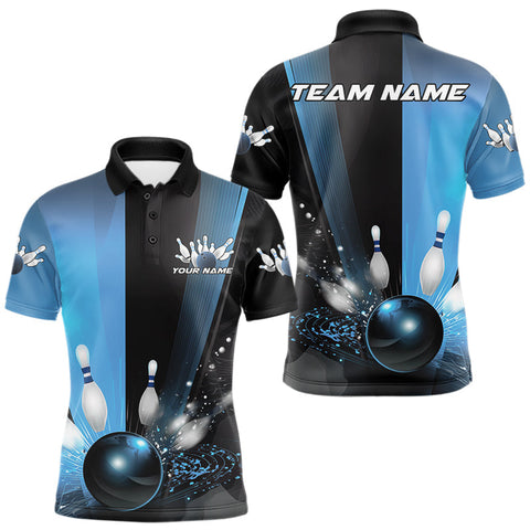Maxcorners Custom Black And Blue Bowling Jerseys, Glowing Motion Graphic Bowling Men Polo Shirt MT1007