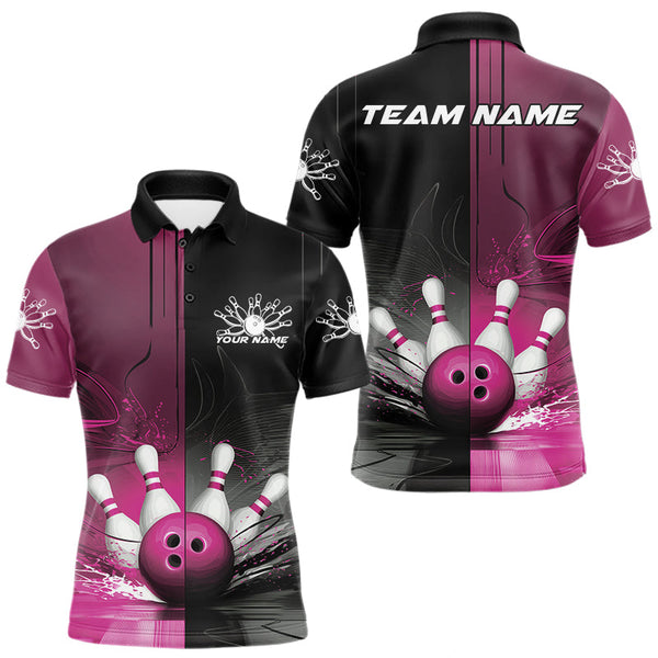 Maxcorners Half Black Half Pink Custom Bowling Team Polo Shirts For Men, Bowling Tournament Shirt MT1007