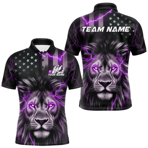 Maxcorners Custom Purple Thunder Lightning Patriotic Lion Polo Shirts For Men, US Flag Bowling Jerseys MT1706