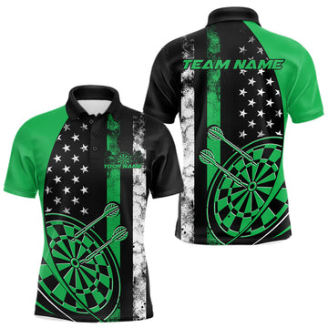Maxcorners Custom Green Thin Line US Flag Patriotic Dartboard Dart Men Polo Team Shirts, Dart Jerseys LM1903