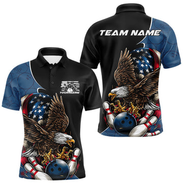 Maxcorners Custom American Flag Eagle Bowling Team Men Polo Shirts, Patriotic US Bowling League Shirt LM1203