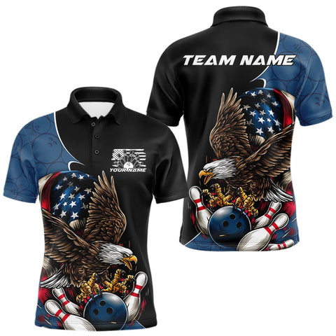 Maxcorners Custom American Flag Eagle Bowling Team Men Polo Shirts, Patriotic US Bowling League Shirt TU1407