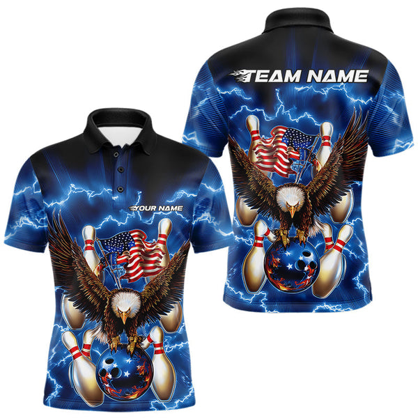 Maxcorners Patriotic Bowling Shirt For Men – Blue Lightning Eagle & US Flag Edition TU1407