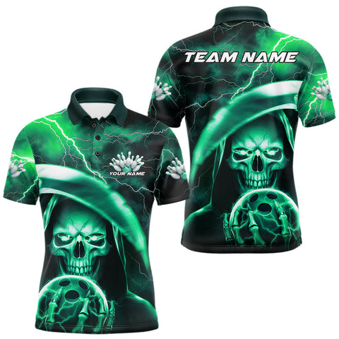 Maxcorners Custom Green Thunder Lightning Grim Reaper Skull Halloween Bowling Polo Shirts For Men LM1809