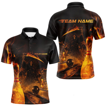 Maxcorners Custom Fire Flame Grim Reaper Bowling Polo Shirts For Men, Halloween Bowlers Outfit LM1203