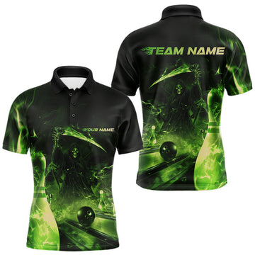 Maxcorners Custom Green Fire Flame Grim Reaper Bowling Polo Shirts For Men, Halloween Bowlers Outfit LM1203