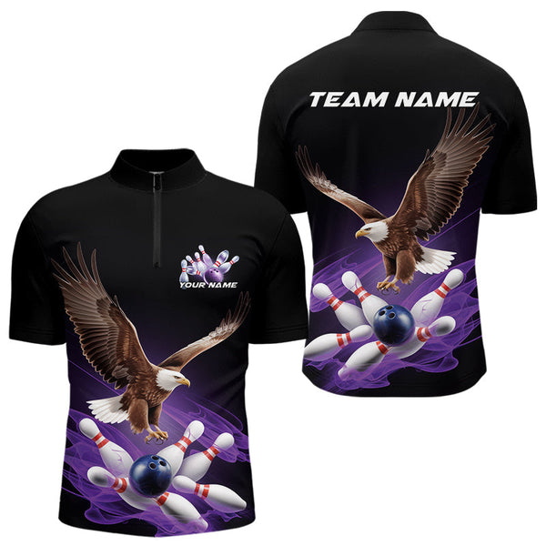 Maxcorners Custom Purple Flame Eagle Bowling Team Polo Shirts For Men, Bowling Tournament Shirt MT2306