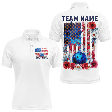 Maxcorners Custom Wild Flower Patriotic US Flag Bowling Polo Shirts For Men, Hippie Bowling Shirt LM1203