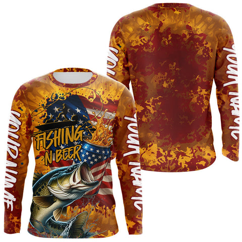 Maxcorners Custom US Flag Patriotic Largemouth Bass Fishing N Beer Long Sleeve Camo Fishing Shirts LM0607