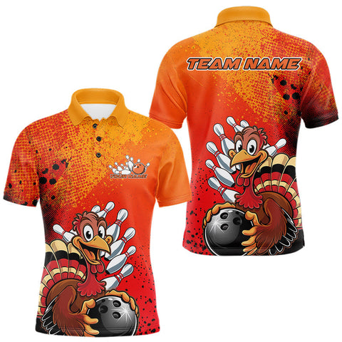 Maxcorners Custom Funny Orange Turkey Bowling Team Men Polo Shirts, Thanksgiving Bowling Outfit LM2608