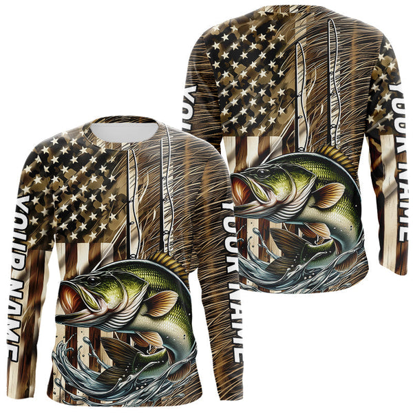 Maxcorners Custom Patriotic Camouflage American Flag Rod Largemouth Bass Long Sleeve Fishing Shirts LM0607