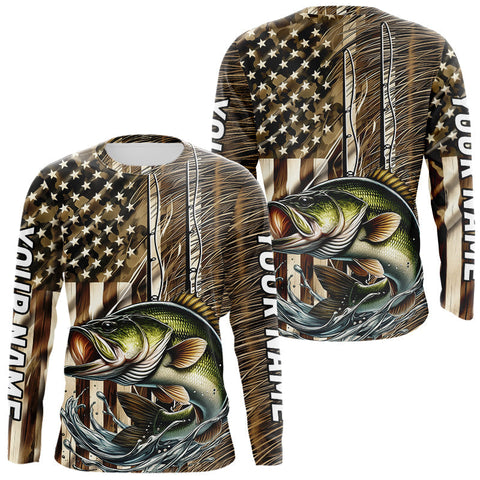 Maxcorners Custom Patriotic Camouflage American Flag Rod Largemouth Bass Long Sleeve Fishing Shirts LM0607
