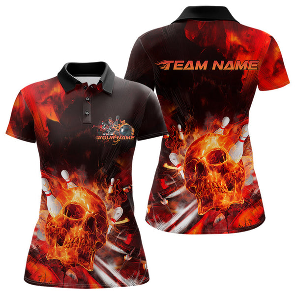 Maxcorners Custom Fire Flame Skull Bowling Polo Shirts For Men, Halloween Bowling Outfits LM2707