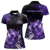 Maxcorners Custom Purple Fire Flame Skull Bowling Polo Shirts For Men, Halloween Bowling Outfits LM2707