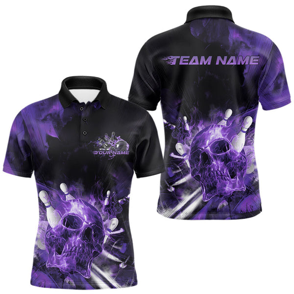 Maxcorners Custom Purple Fire Flame Skull Bowling Polo Shirts For Men, Halloween Bowling Outfits LM2707