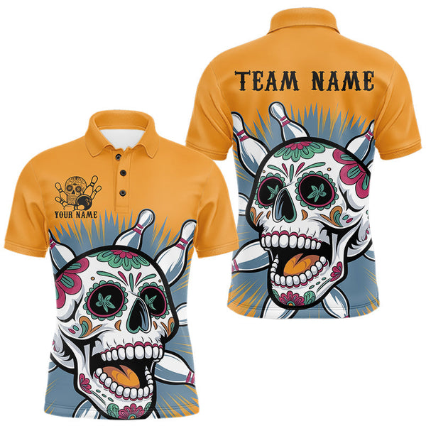 Maxcorners Custom Sugar Skull Bowling Polo Shirts For Men, Halloween Bowling Team Outfit LM0706