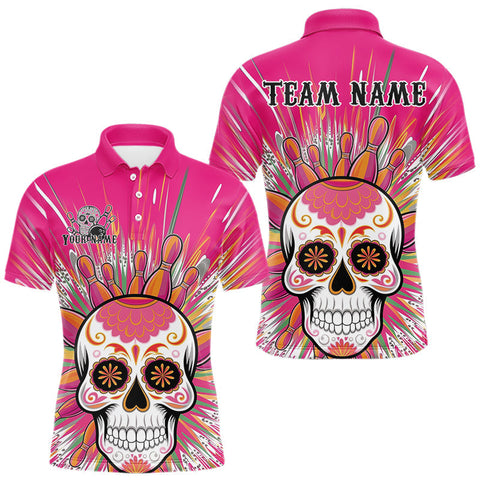 Maxcorners Custom Pink Sugar Skull Bowling Team Polo Shirts For Men, Halloween Bowlers Outfit LM0706